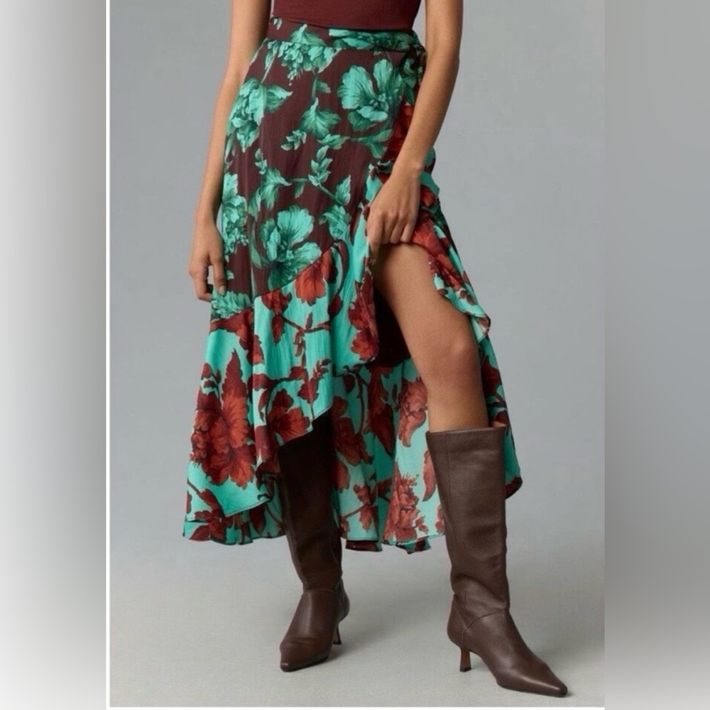 Maeve Floral High-Low Maxi Skirt in Teal and Maroon